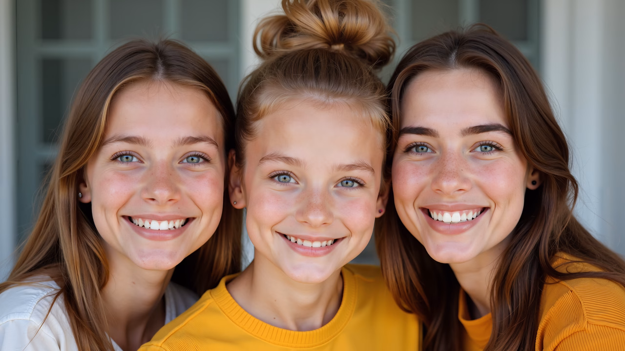 Close-up portrait of three smiling friends, capturing their joy and connection.