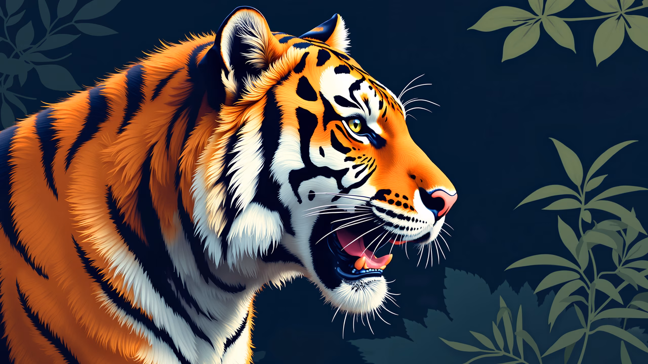 Vibrant tiger illustration with detailed fur and powerful expression.