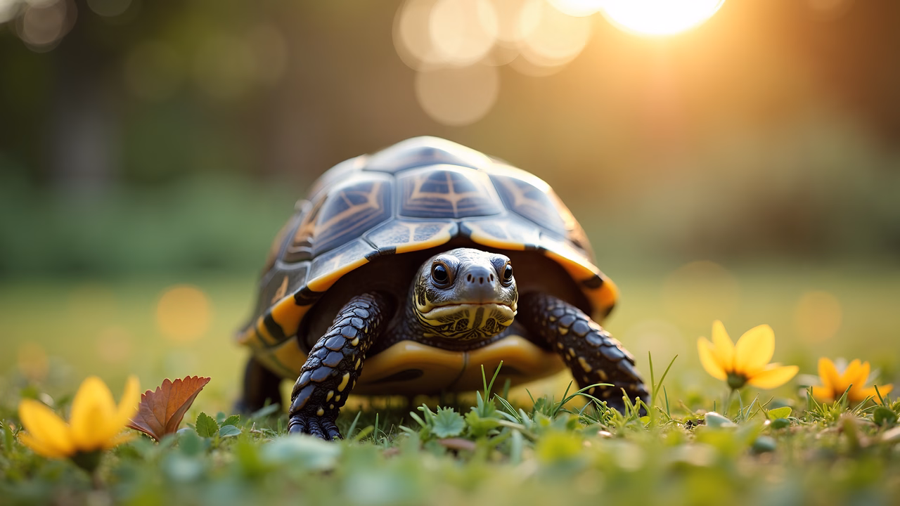 A tortoise in a tranquil outdoor setting, surrounded by nature's beauty.