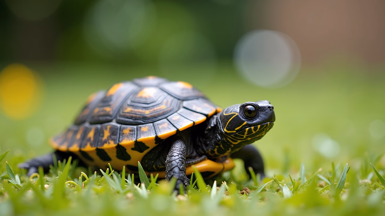 Close-up of a tortoise on lush green grass, highlighting its detailed shell patterns.