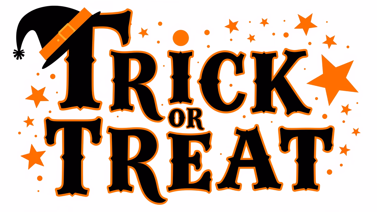 Vibrant Halloween illustration with "Trick or Treat" text and witch's hat detail.