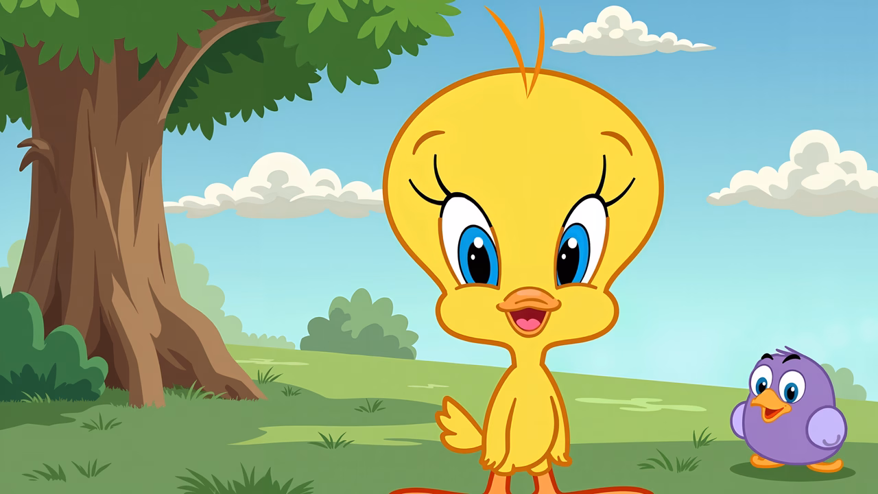 Brightly colored cartoon illustration of Tweety Bird in a cheerful outdoor setting.