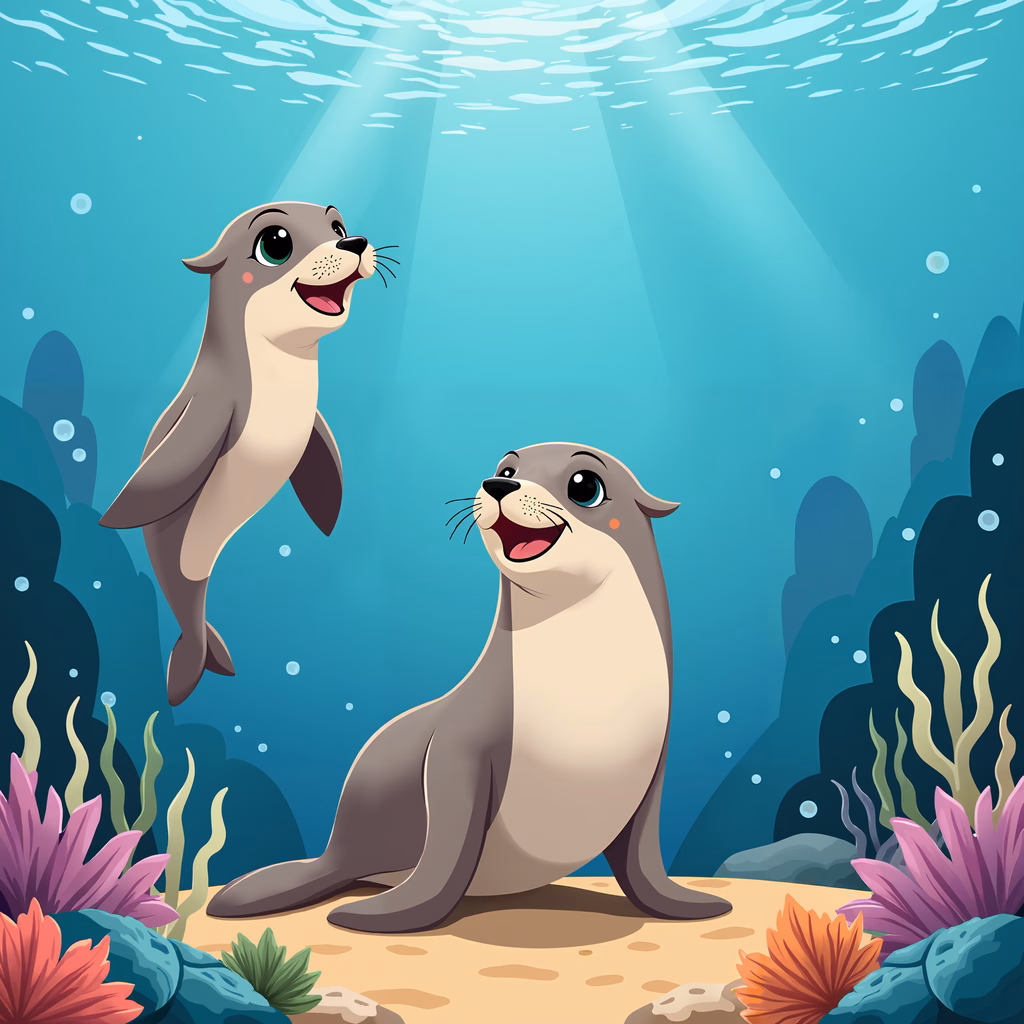 Two happy sea lions swimming underwater amidst colorful marine life.