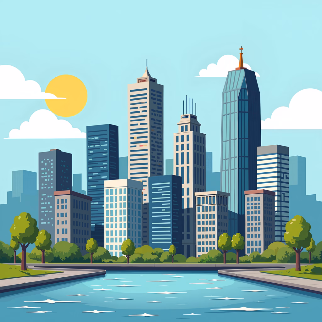 Modern city skyline with lush greenery and soft sunlight.