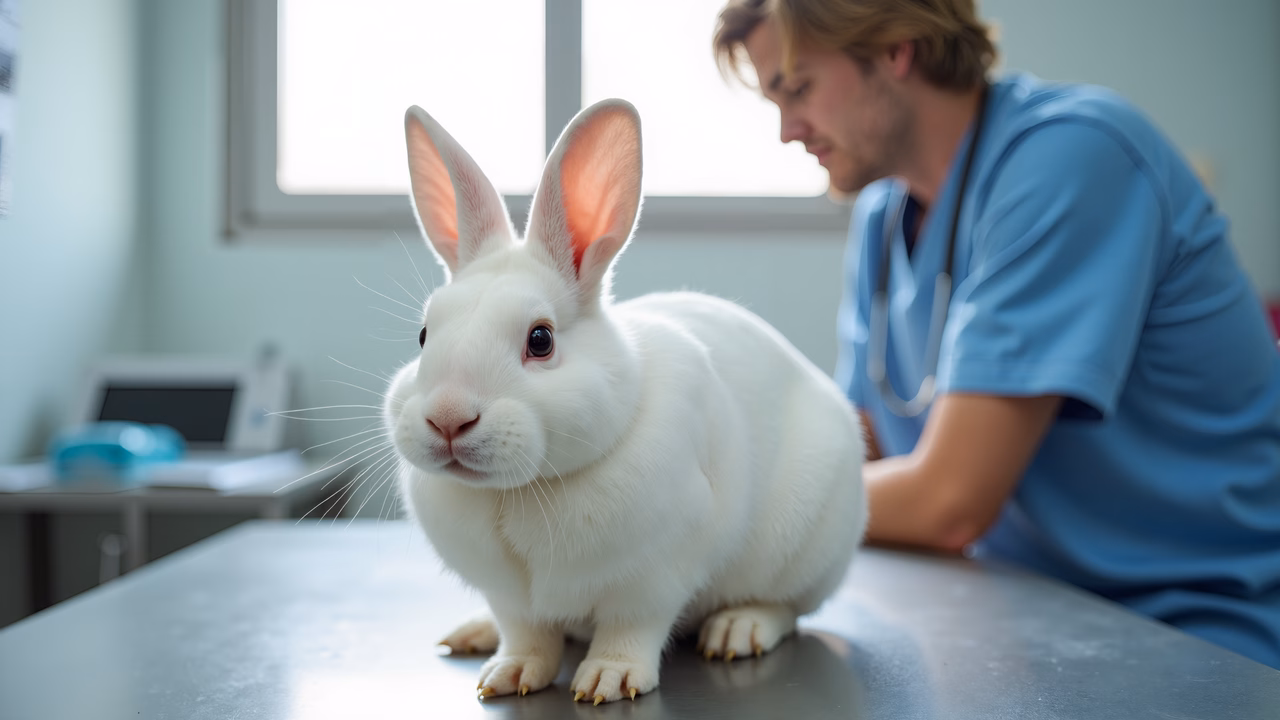 Veterinarian examining a calm white rabbit in a clinical setting.