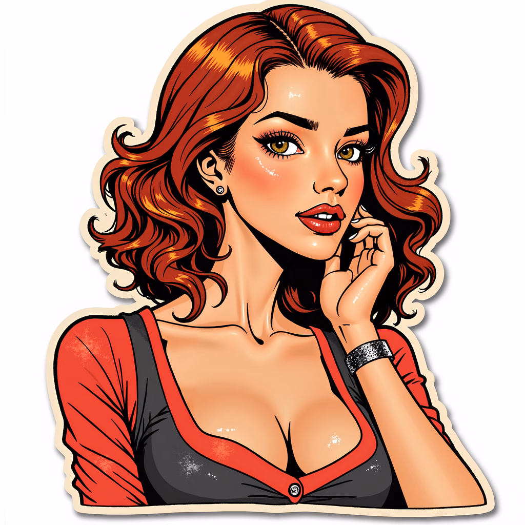 Vintage-inspired pin-up girl illustration with bold makeup and retro styling.