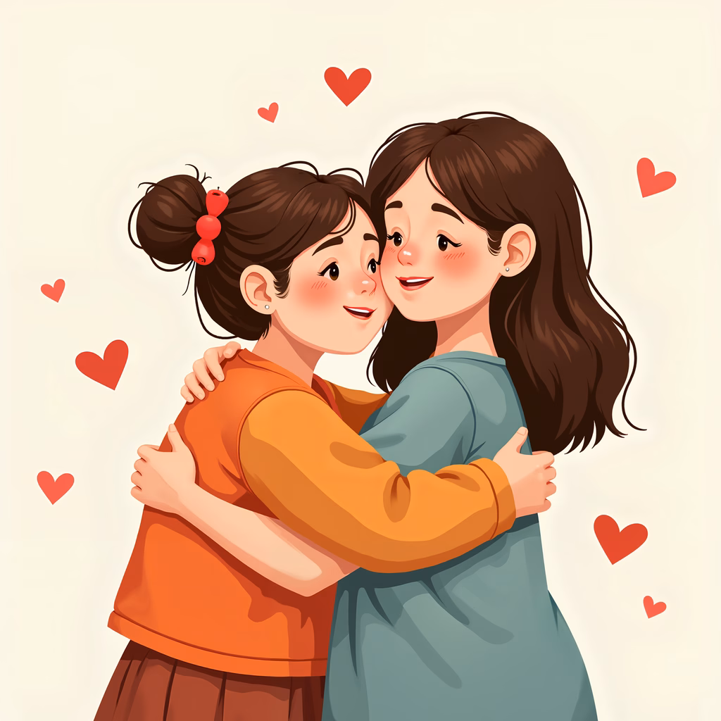A tender hug shared by two individuals, surrounded by red hearts.