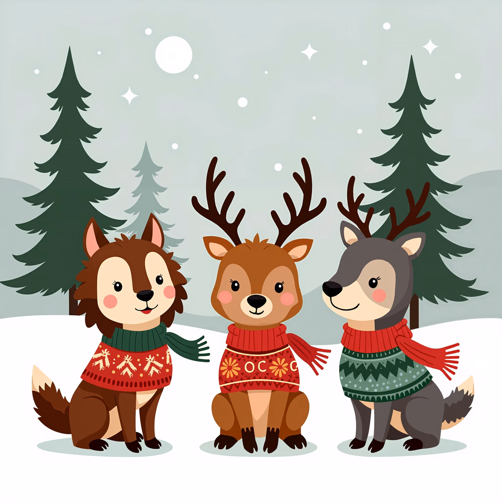 Three cute woodland animals in winter sweaters, standing in a snowy forest under a moonlit sky.