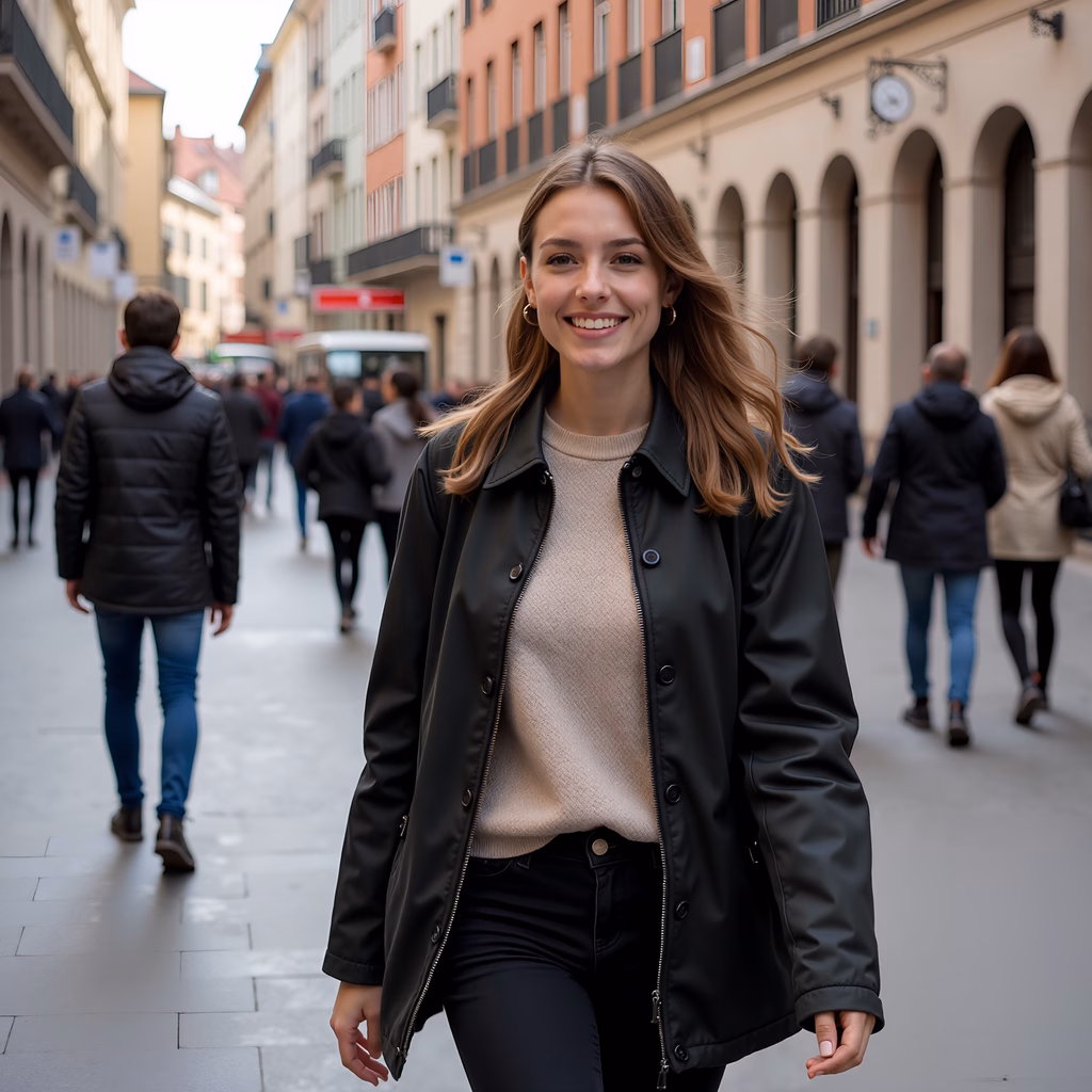 A cheerful woman walking through a busy city street, capturing the essence of urban life.