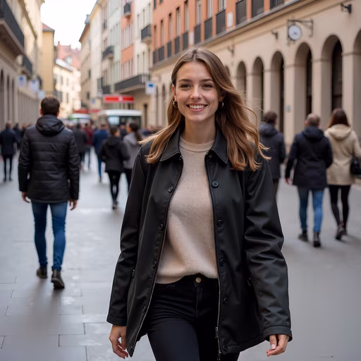 Woman Walking Down Busy Street