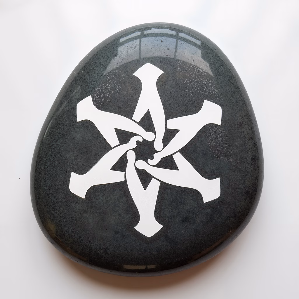 Dark stone with white floral symbol, abstract art, serene atmosphere