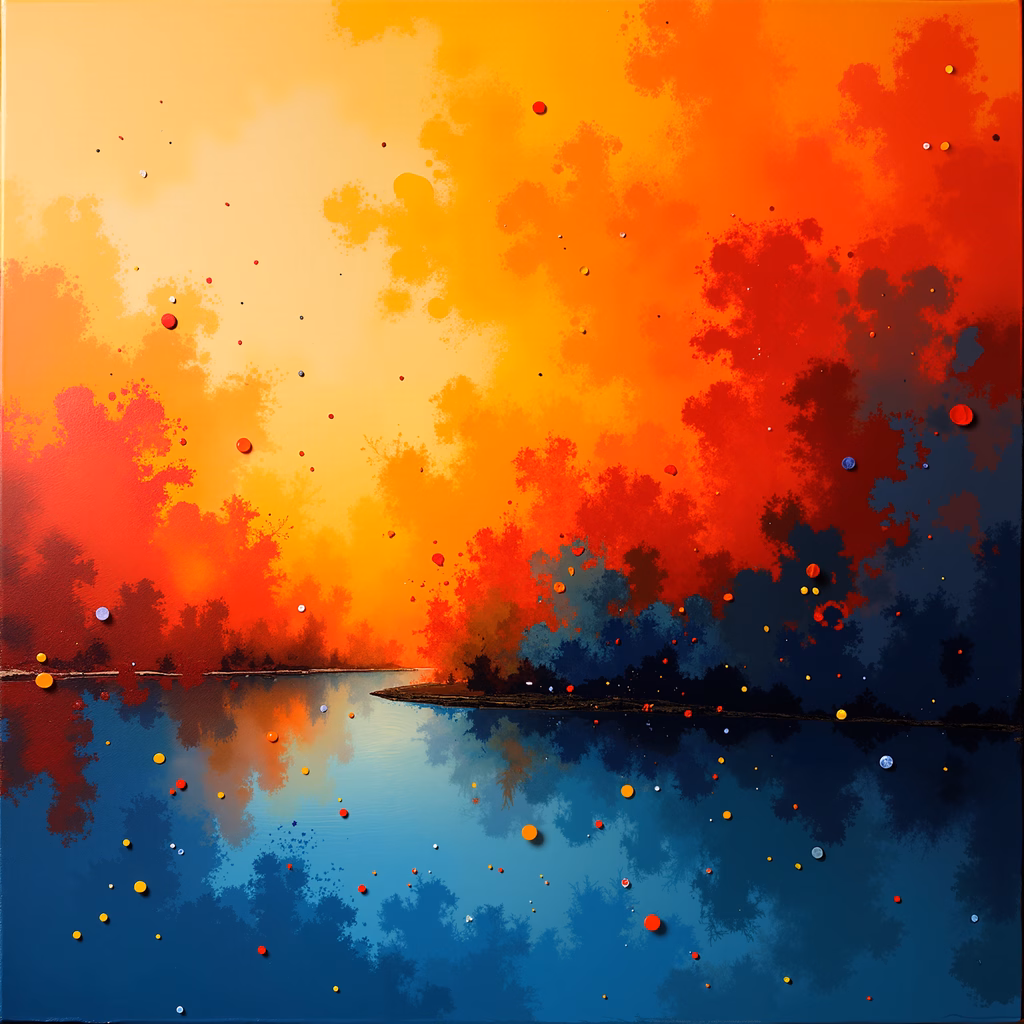 Vibrant abstract sunset with bold colors and reflective water.