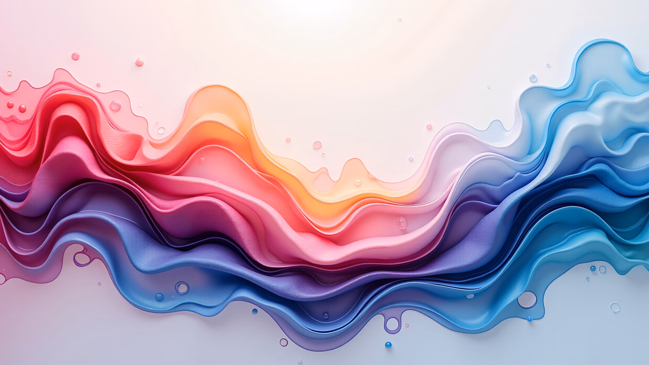 Vibrant abstract waves with glossy textures and playful bubbles.