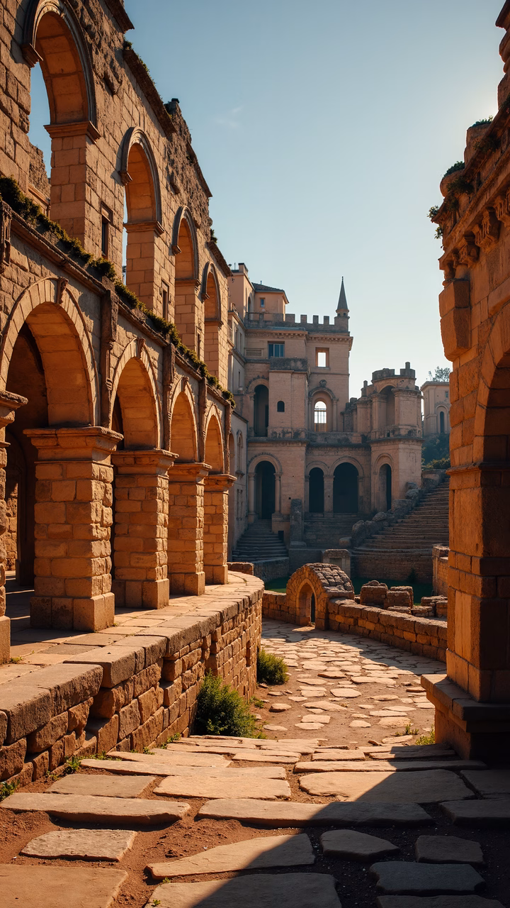 Ancient ruins with warm stone tones and cool blue sky