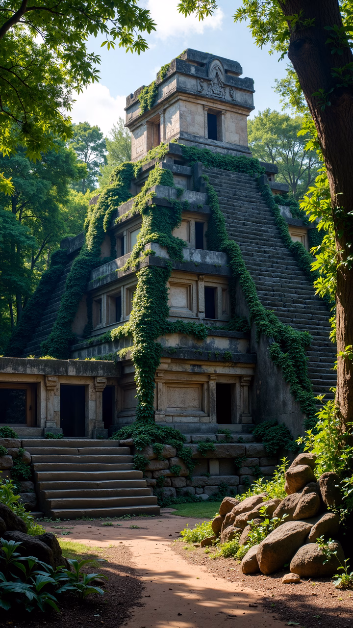 Ancient stone ruins surrounded by ivy in a tranquil forest setting.