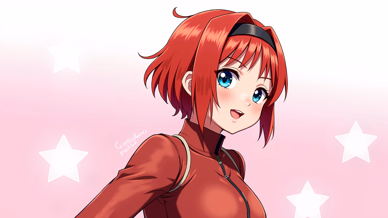Vibrant anime girl with red hair and blue eyes against a pink starry background.
