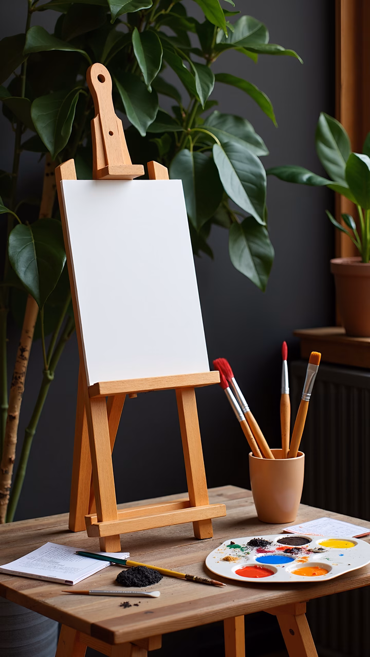 A peaceful artist's setup with a blank canvas, vibrant colors, and lush greenery.