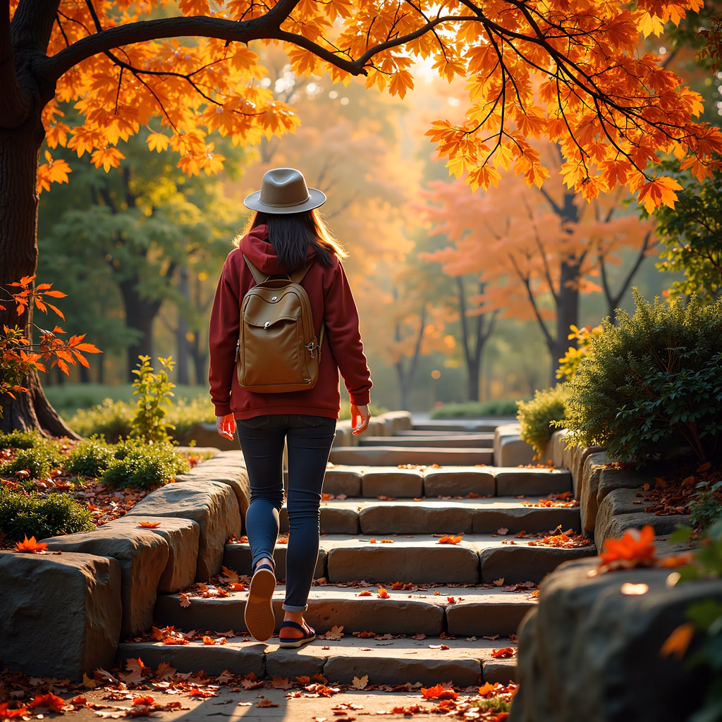 Autumn journey through a leaf-strewn park under golden sunlight.