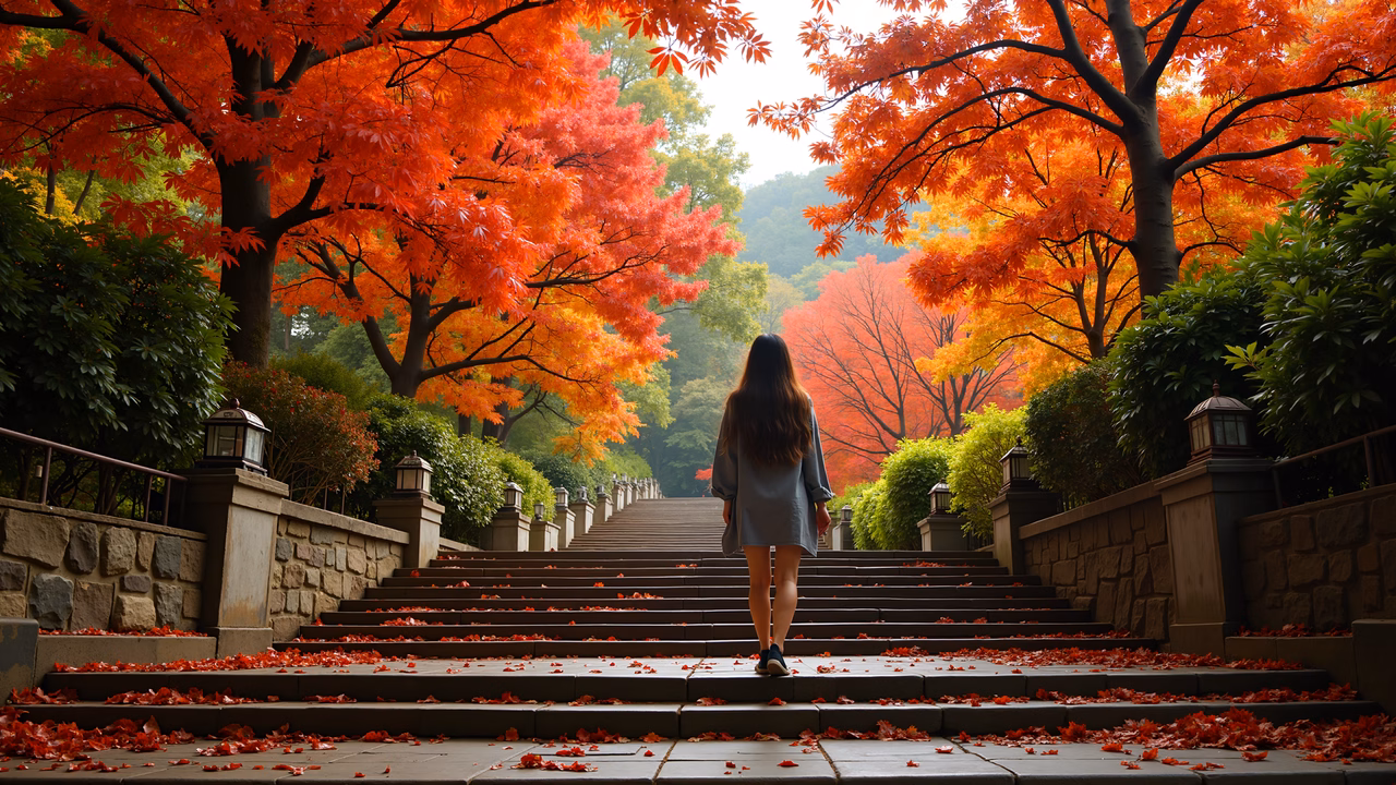 Solitary figure amidst vibrant autumn foliage on a stone staircase.