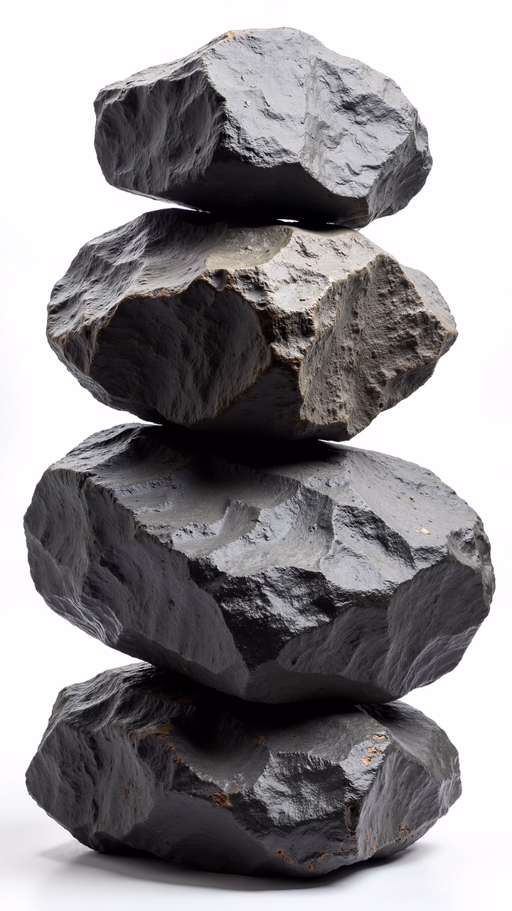 A balanced stack of dark gray rocks on a white background.