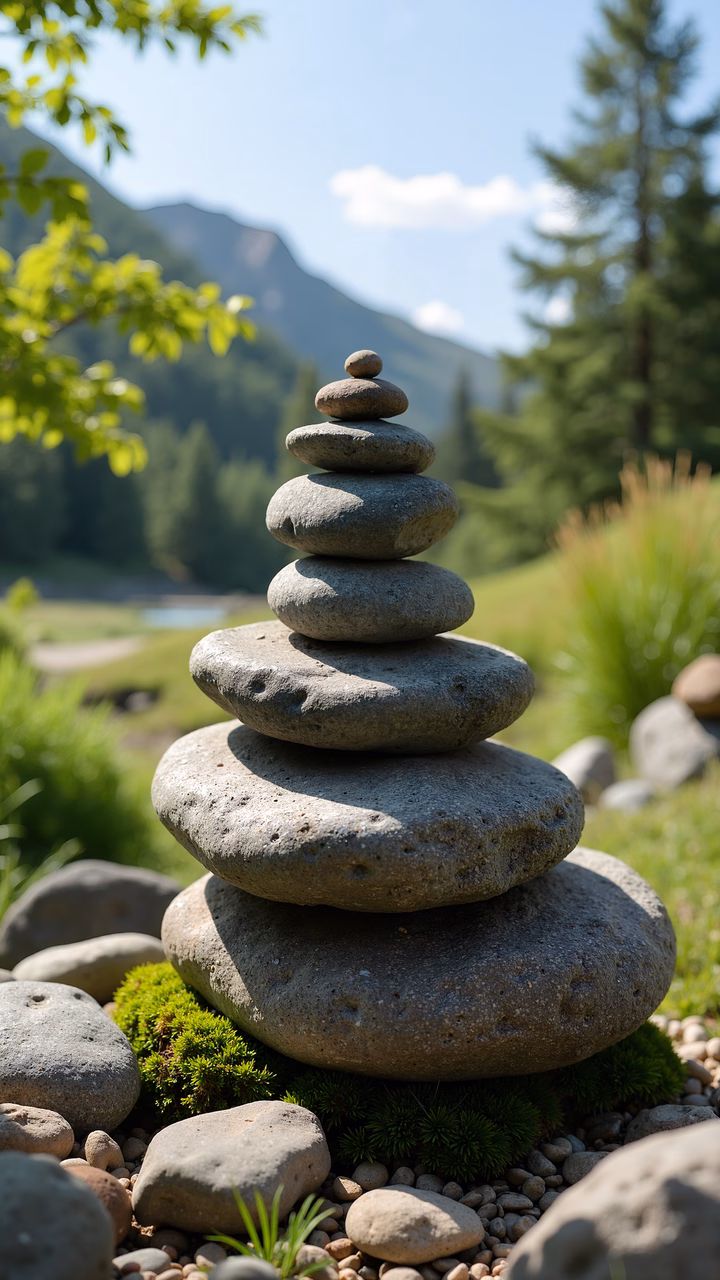A stack of balanced stones in a serene natural setting.