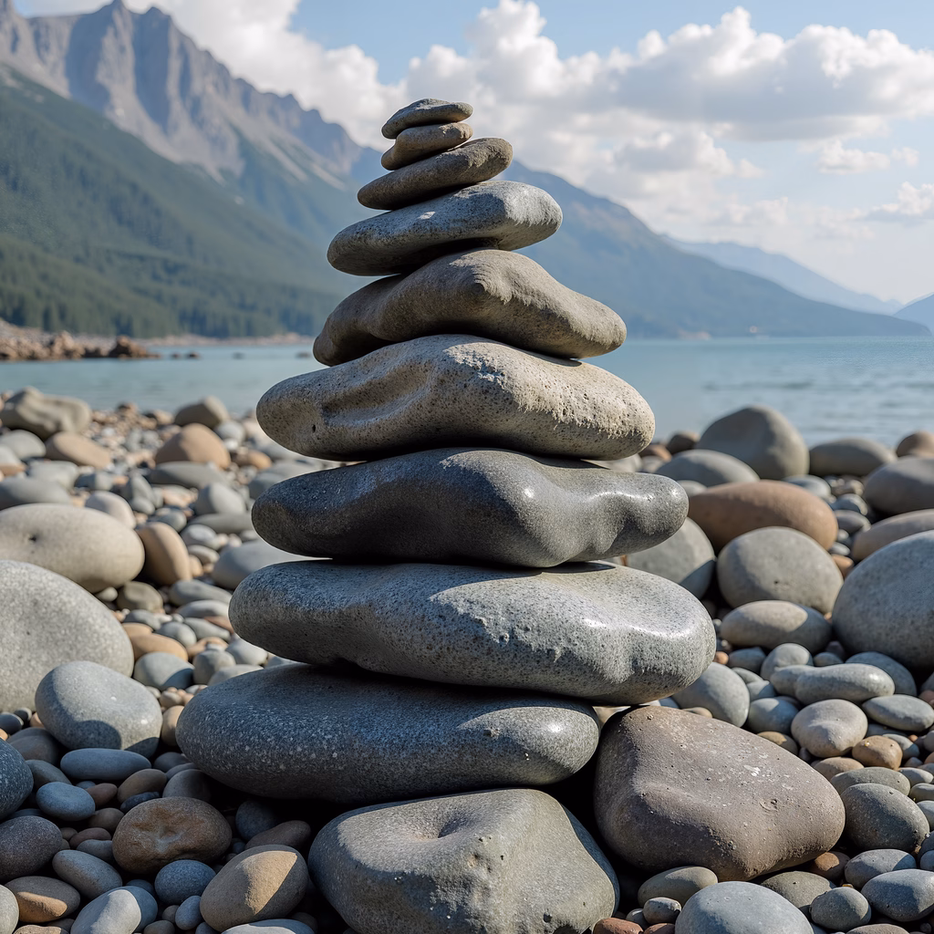 A balanced stack of stones on a pebble beach with mountains in the background.
