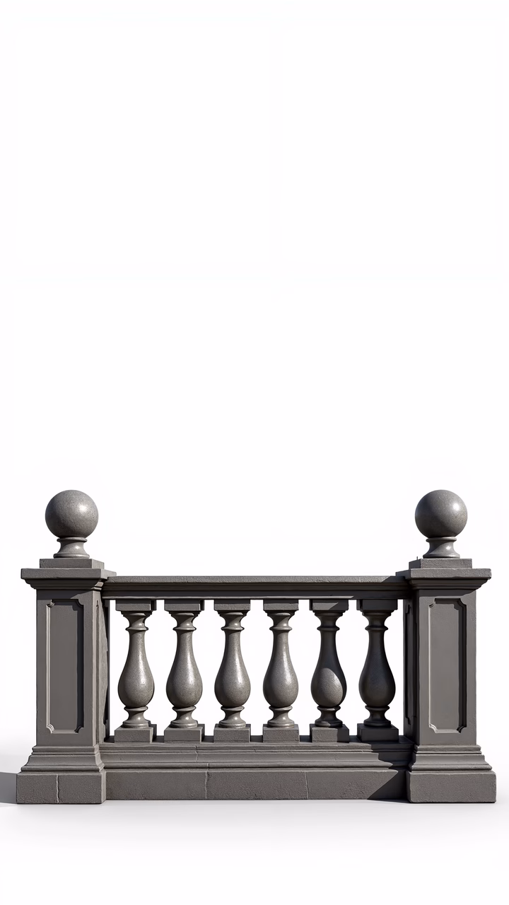 Classic balustrade design with symmetrical balusters and rounded finials in monochromatic gray tones.
