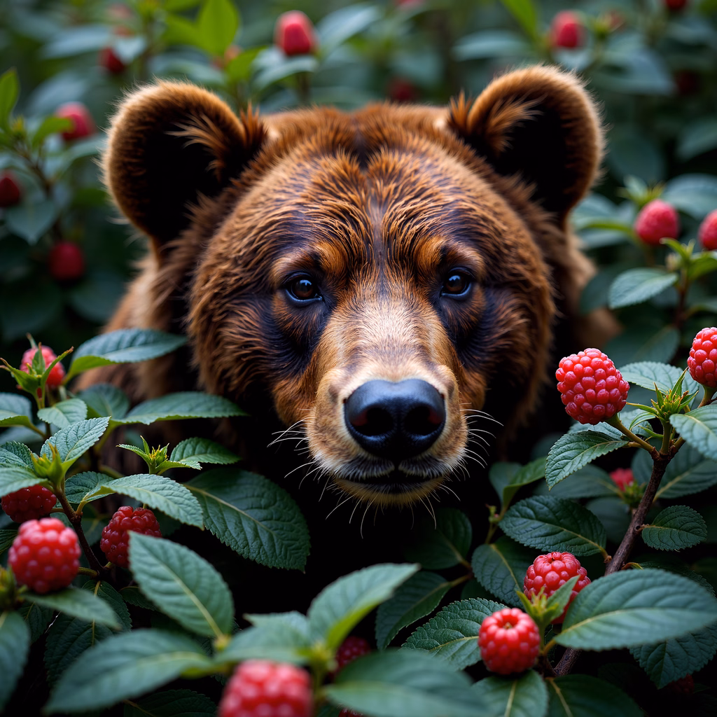 Close-up of a bear amidst berries, showcasing nature's vibrant colors and textures.