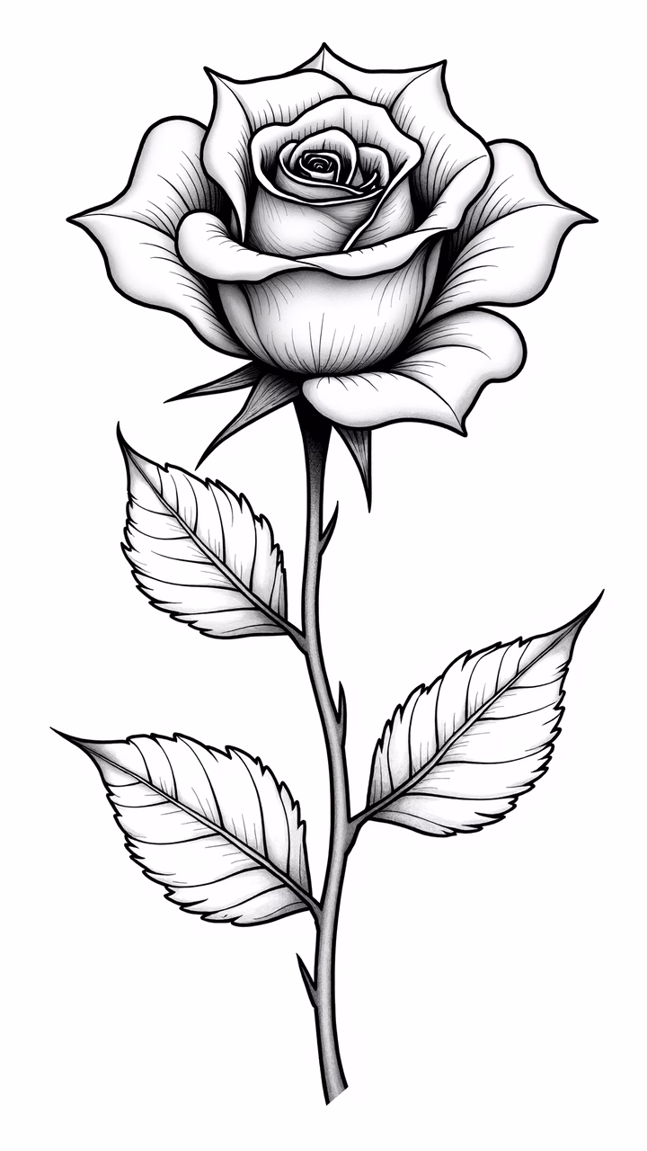 Detailed black and white illustration of a blooming rose, emphasizing elegance and intricate details.