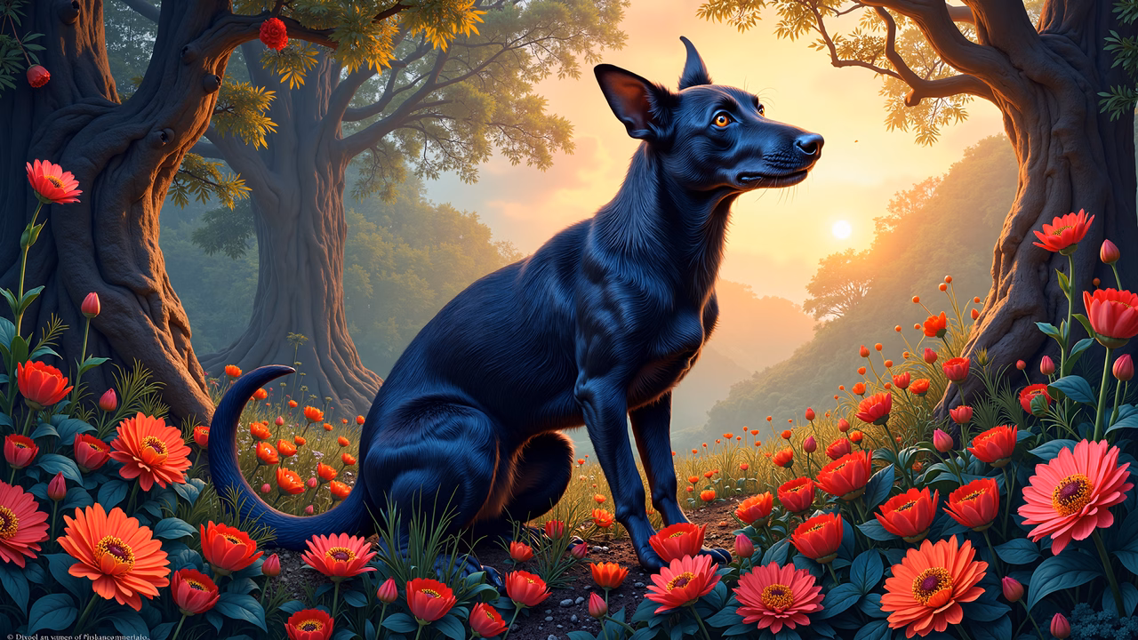 A black dog surrounded by red flowers in a tranquil forest setting.