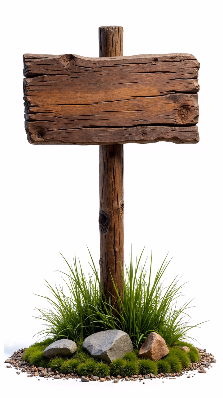 Rustic wooden signpost with natural textures and greenery.