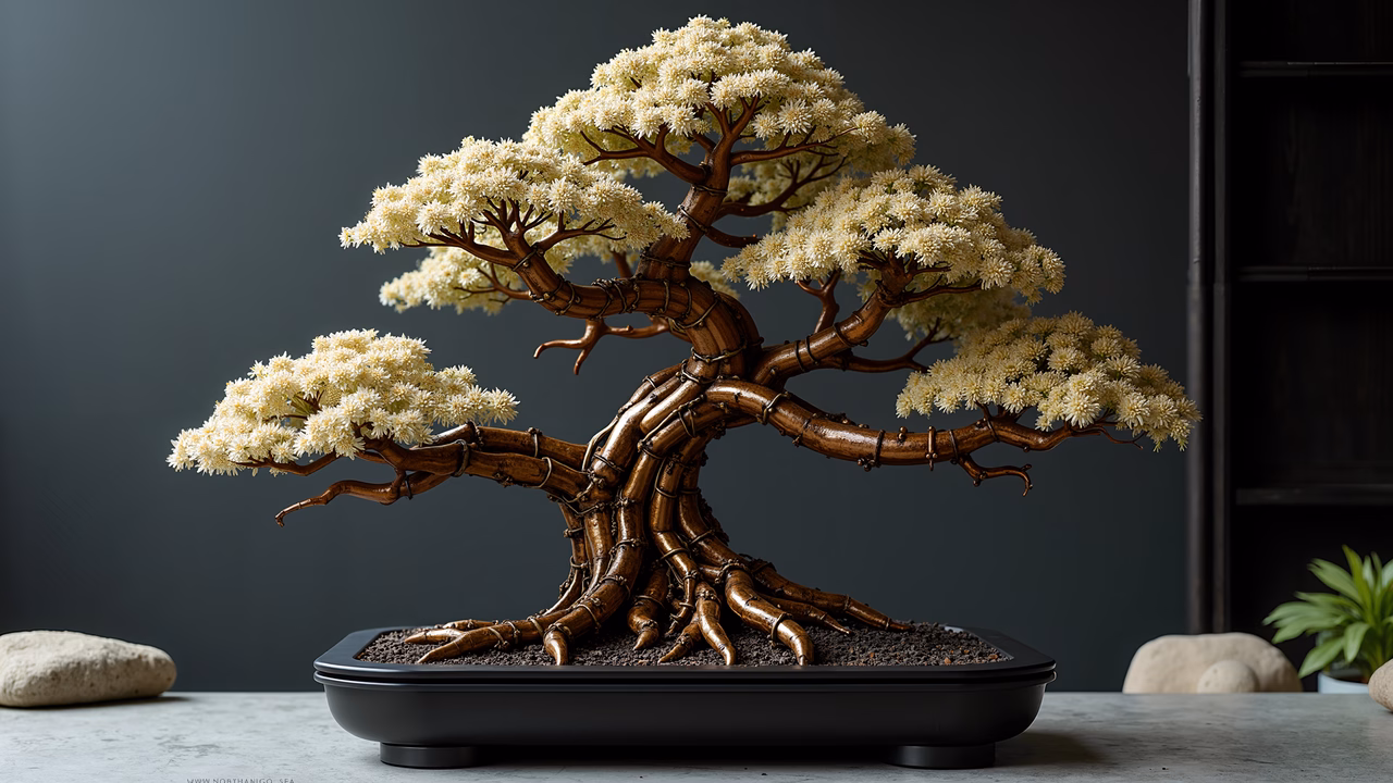 A detailed illustration of a bonsai tree with intricate branches and delicate white blossoms against a dark background.