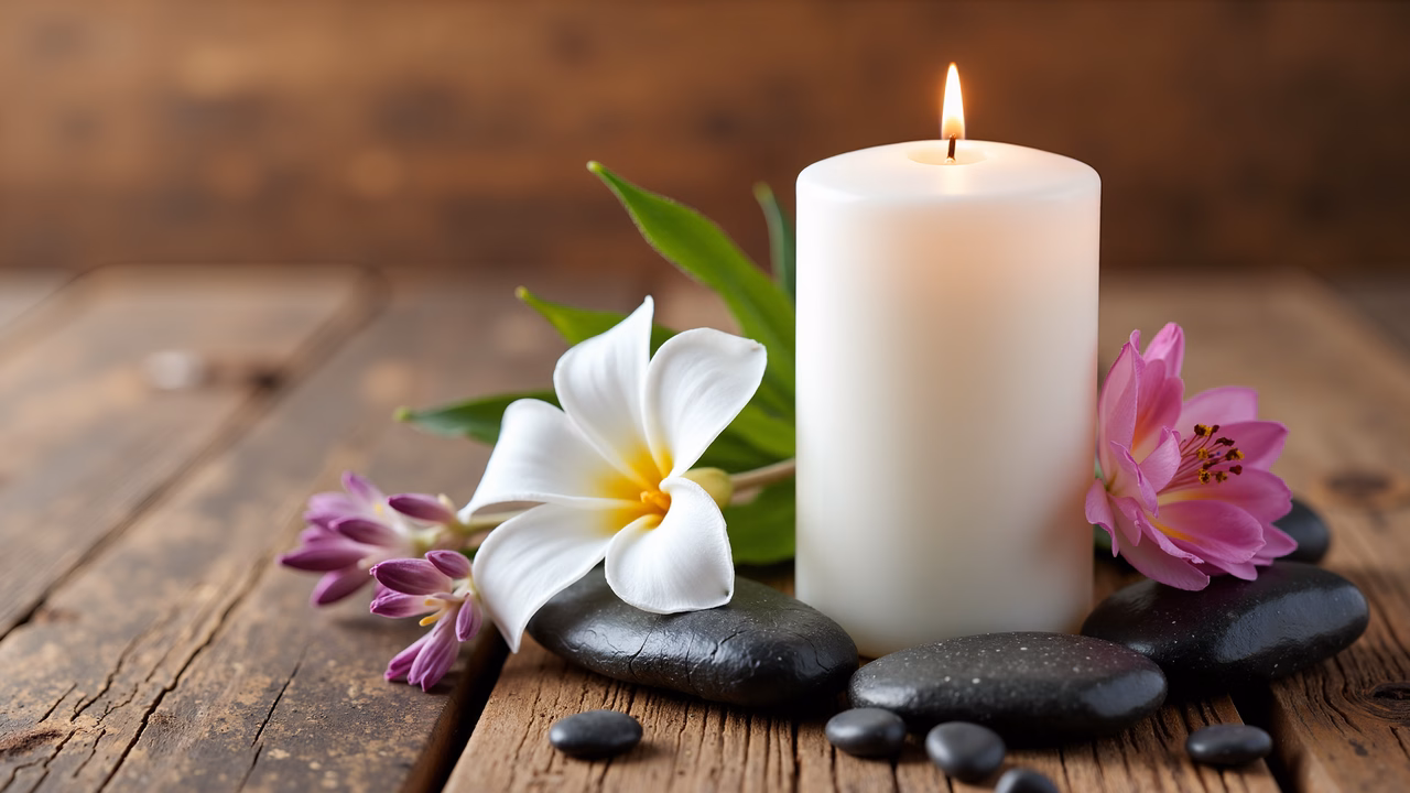 A peaceful scene with a lit candle, flowers, and stones on wood.