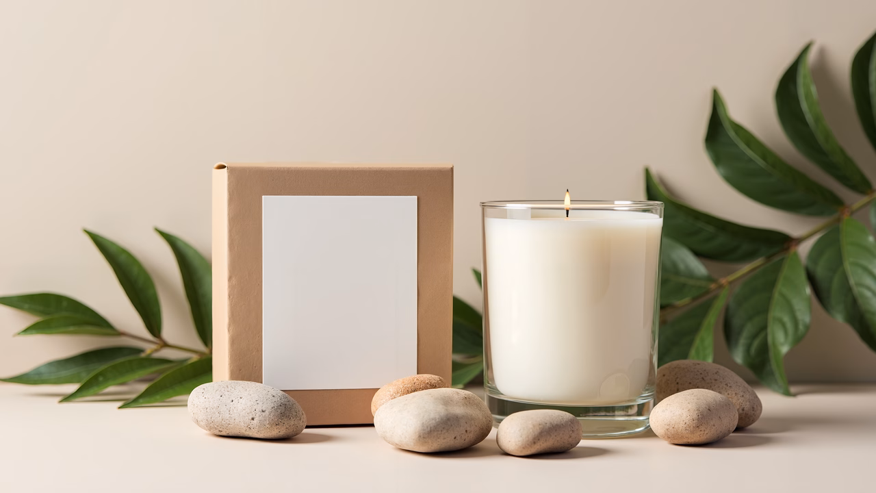 A peaceful arrangement with a candle, stones, and a blank frame, perfect for relaxation and meditation.