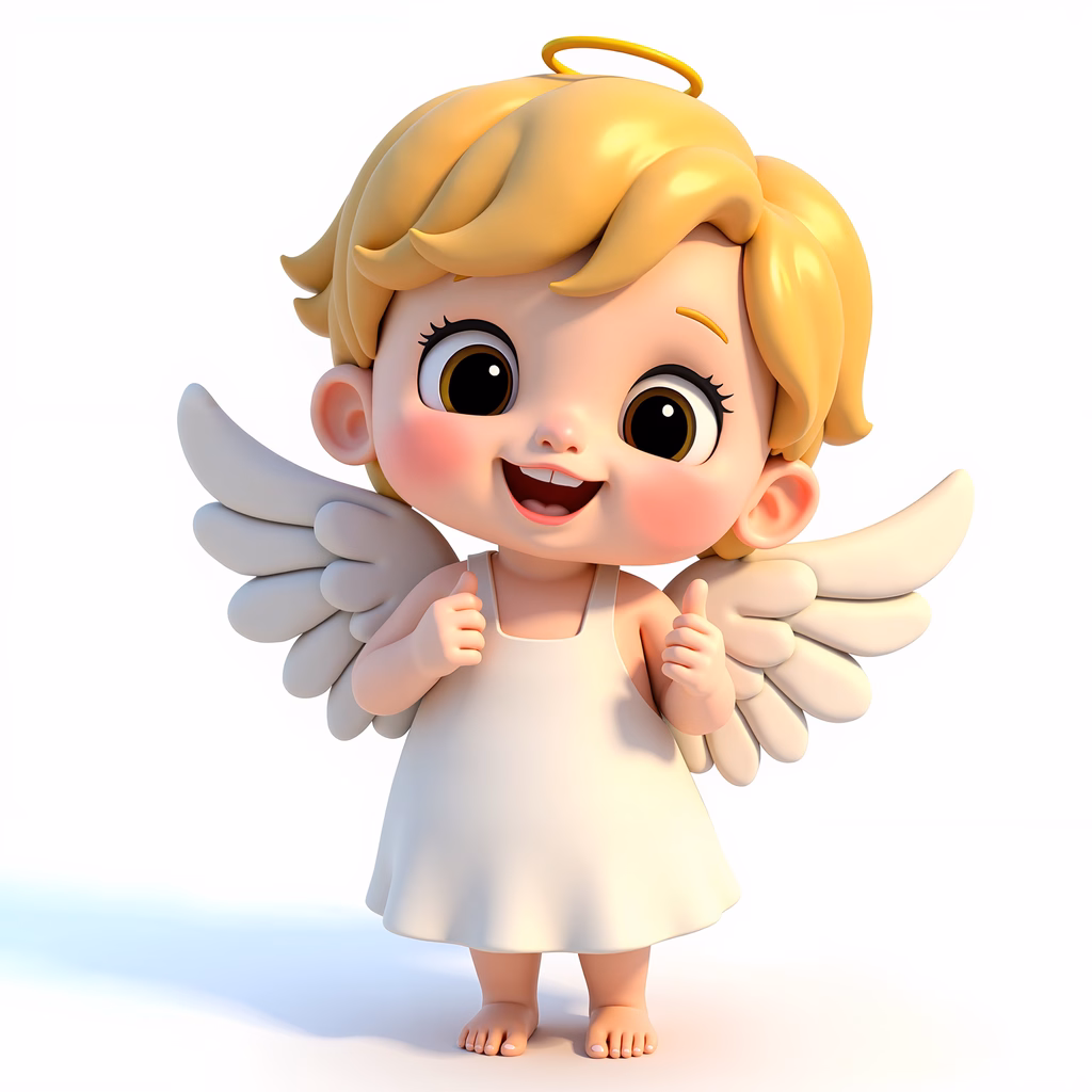 A cute cartoon angel with golden hair and a halo, dressed in a white dress, exuding joy and innocence.