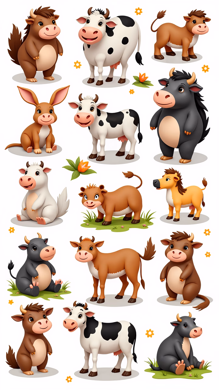 A charming collection of cartoon cows in various playful poses and colors.