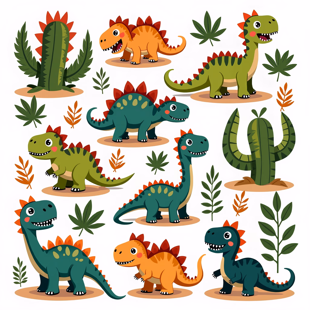 Cute cartoon dinosaurs in a prehistoric setting with vibrant colors and friendly expressions.