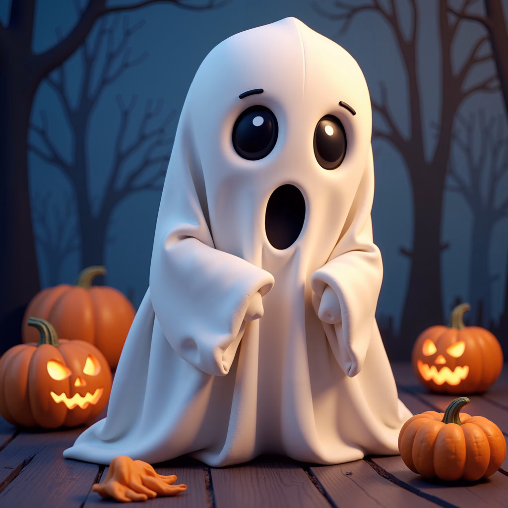 A cute cartoon ghost surrounded by glowing pumpkins in a spooky forest setting.