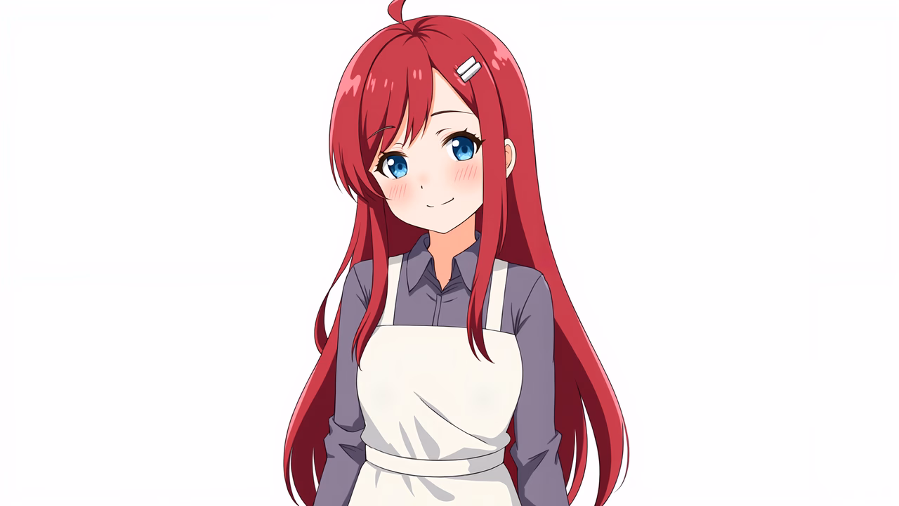 A charming anime girl with red hair and blue eyes, wearing an apron, exuding innocence and cheerfulness.