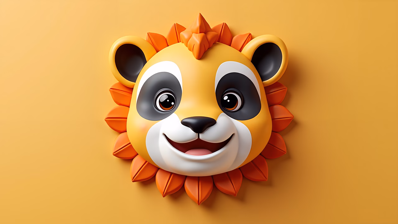 A cute, cartoon-style lion head with a bright and friendly expression.