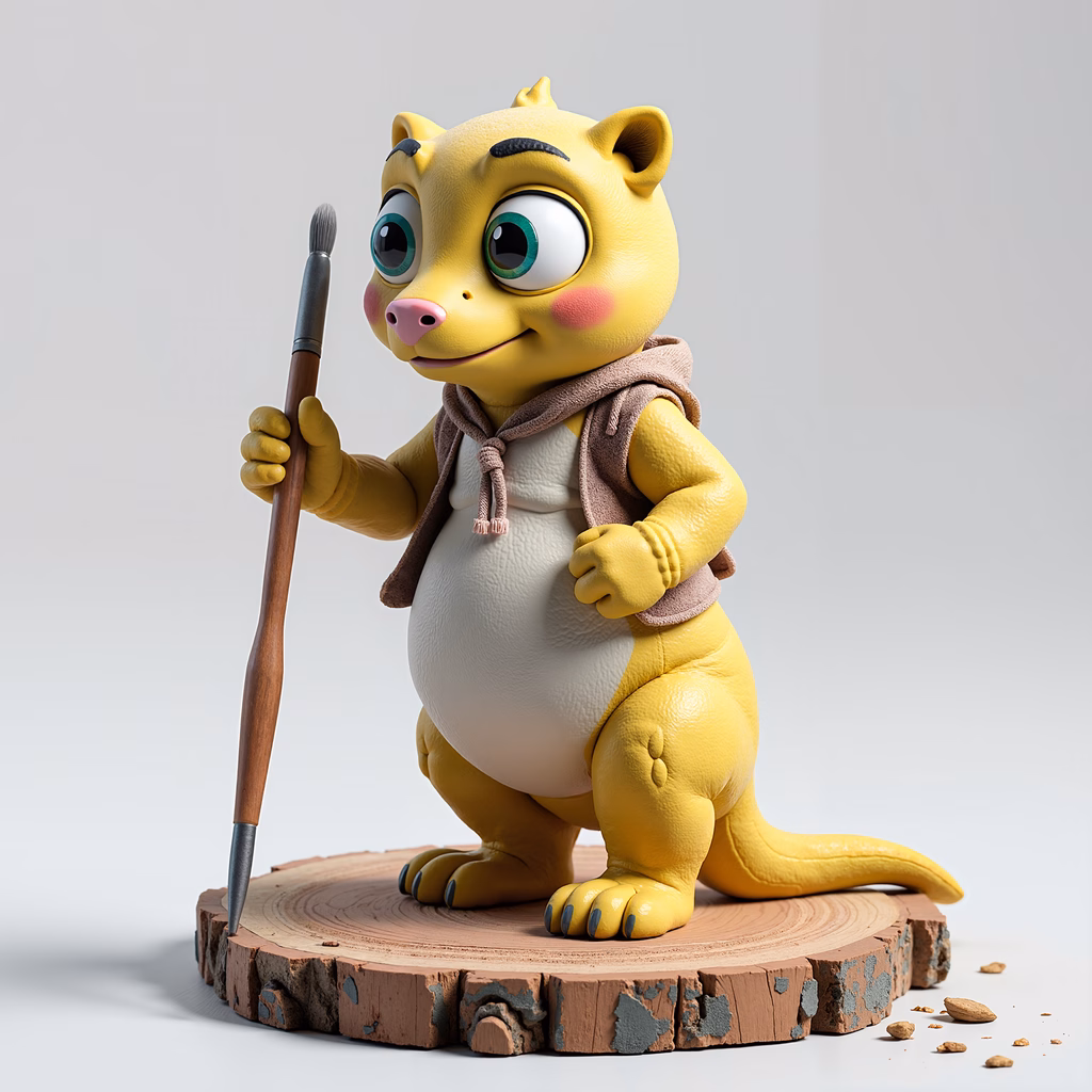 A cute cartoon cat artist holding a paintbrush, standing on a wooden stump.