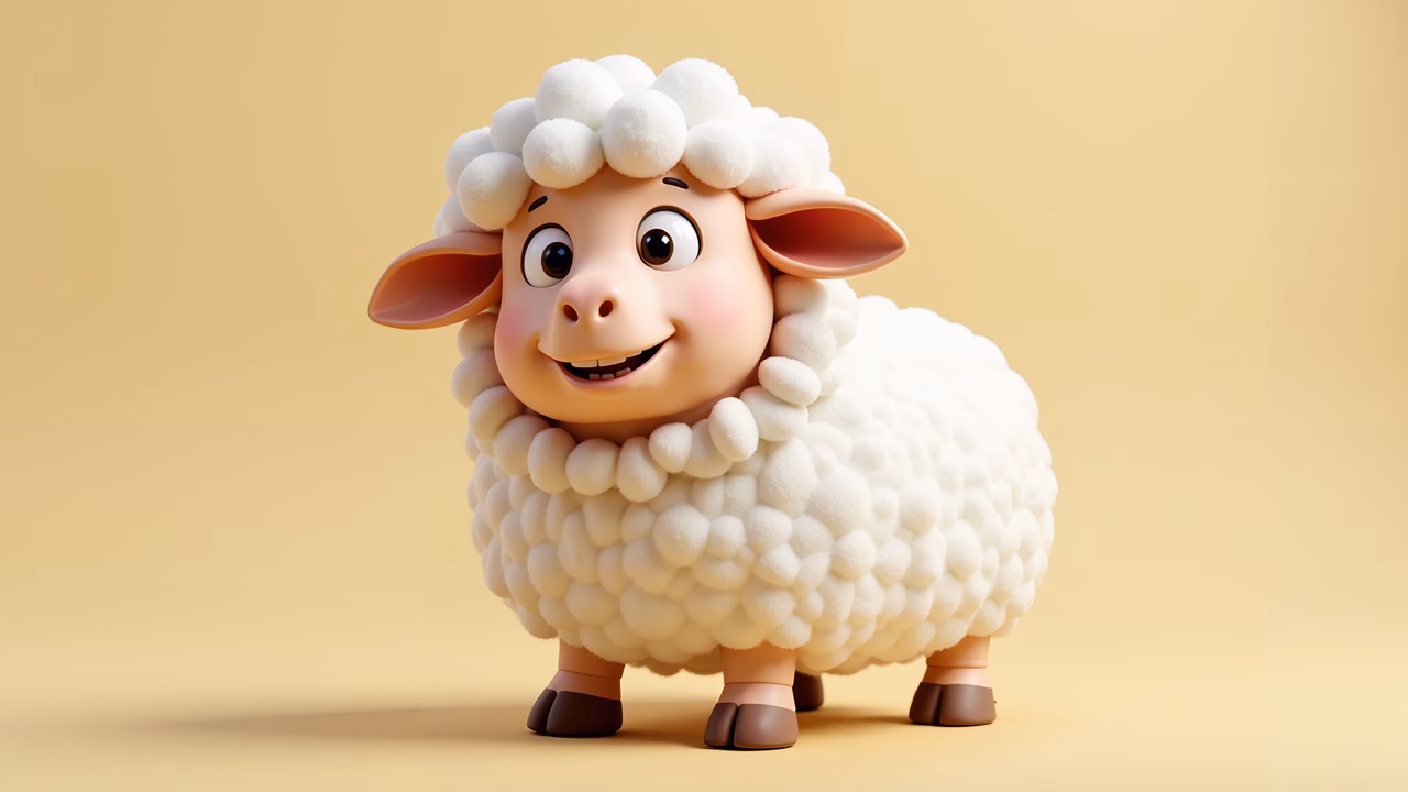 Cute cartoon sheep with fluffy wool and rosy cheeks.