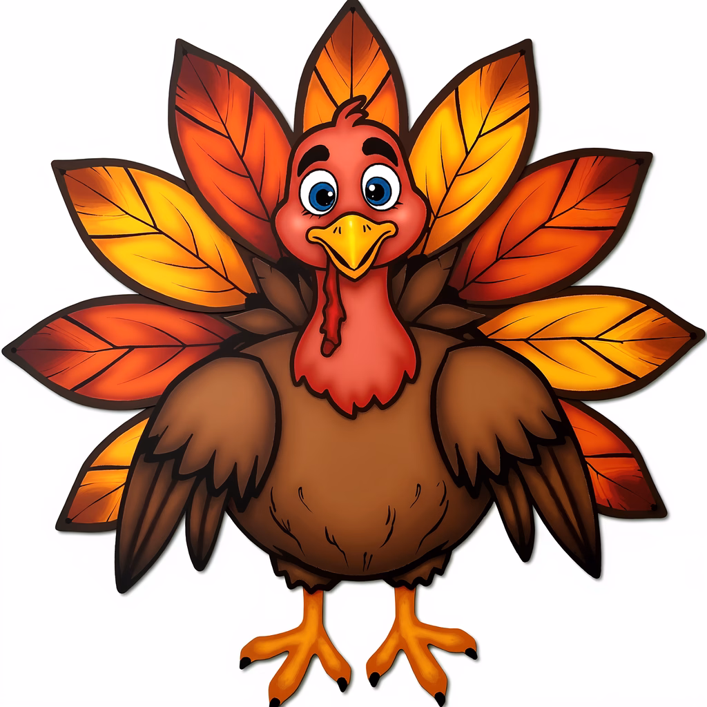 A cheerful cartoon turkey with autumn leaves, perfect for seasonal decor.