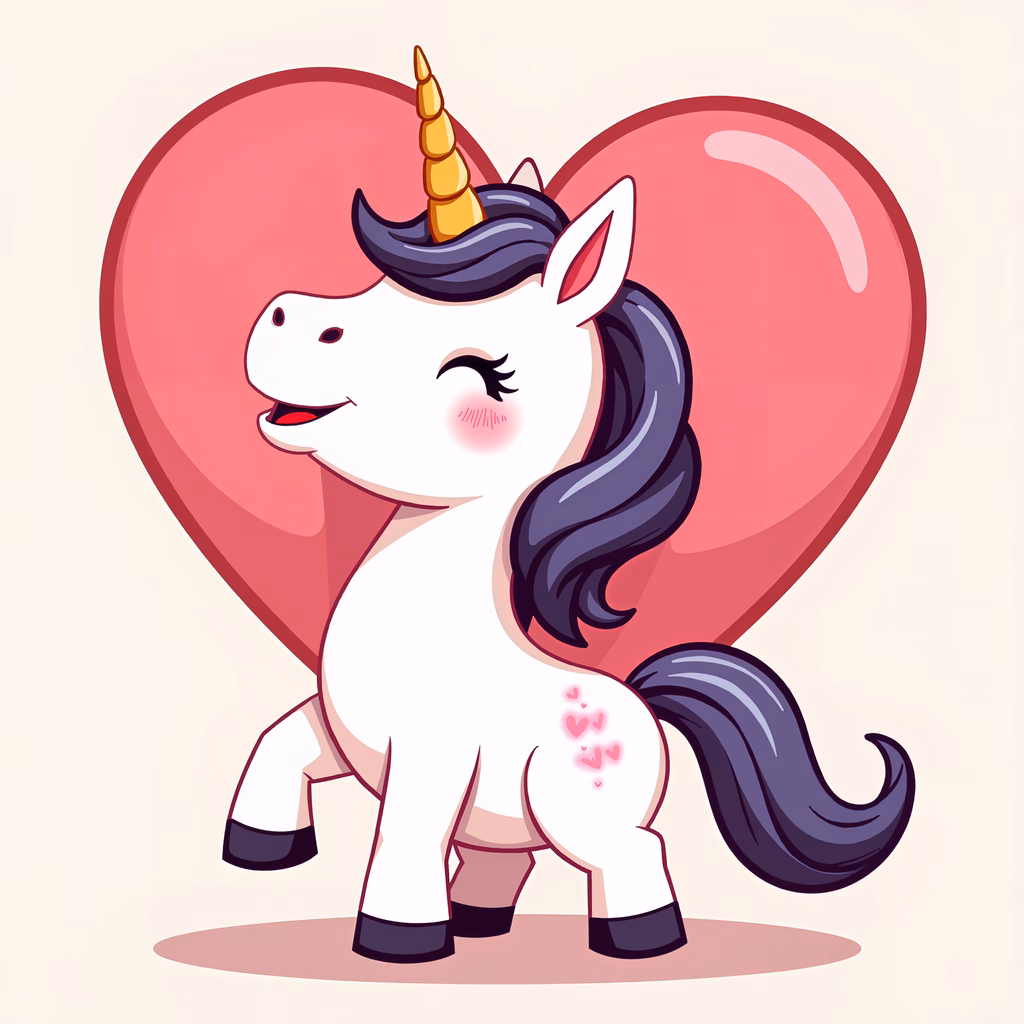 A cute cartoon unicorn with a golden horn and a pink heart backdrop, evoking warmth and affection.