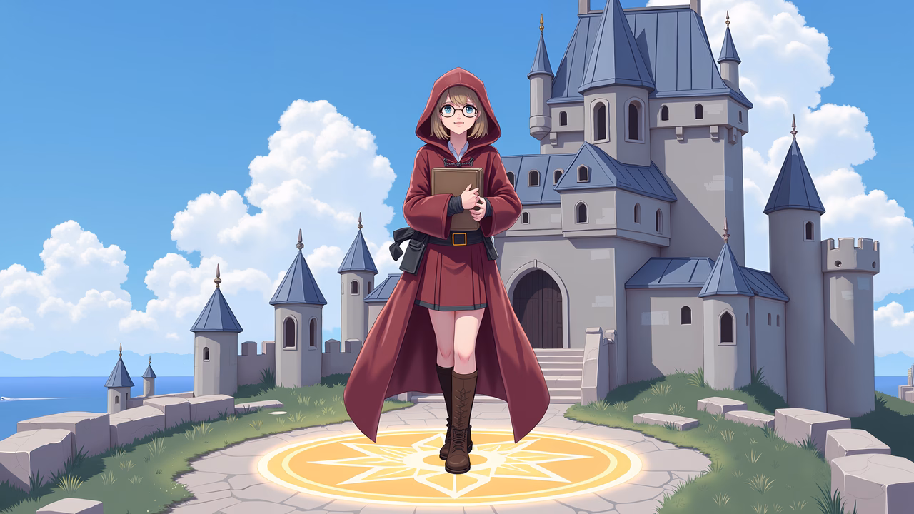 A young guardian stands before a majestic castle under a sunny sky.