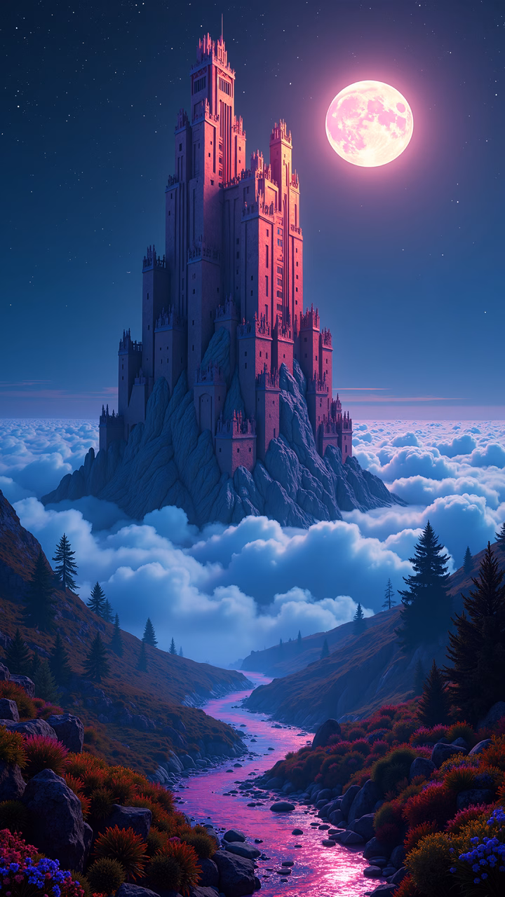 A mystical castle in a cloud-filled night sky, illuminated by a full moon.