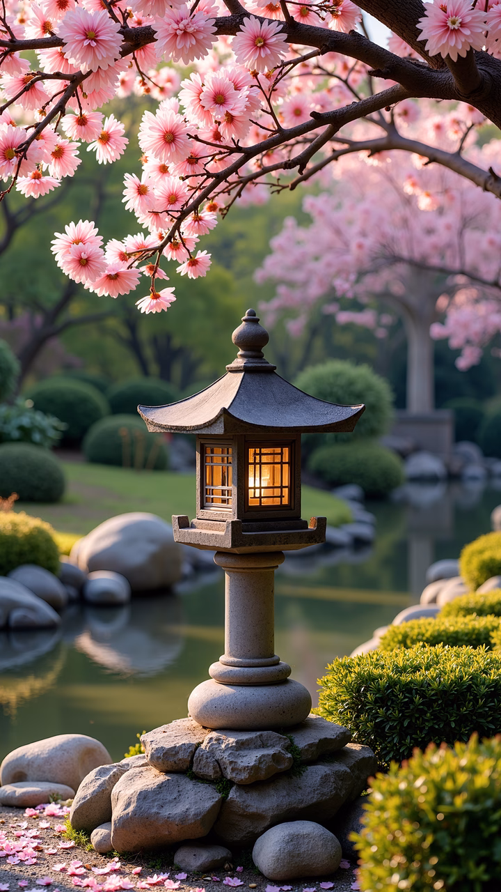 A peaceful Japanese garden with cherry blossoms and a glowing lantern.