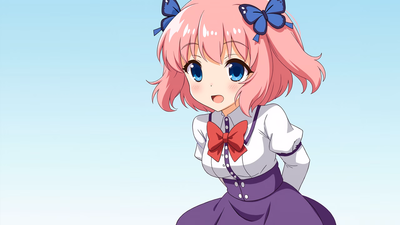 A cute chibi girl with butterfly hair accessories in a pastel setting.
