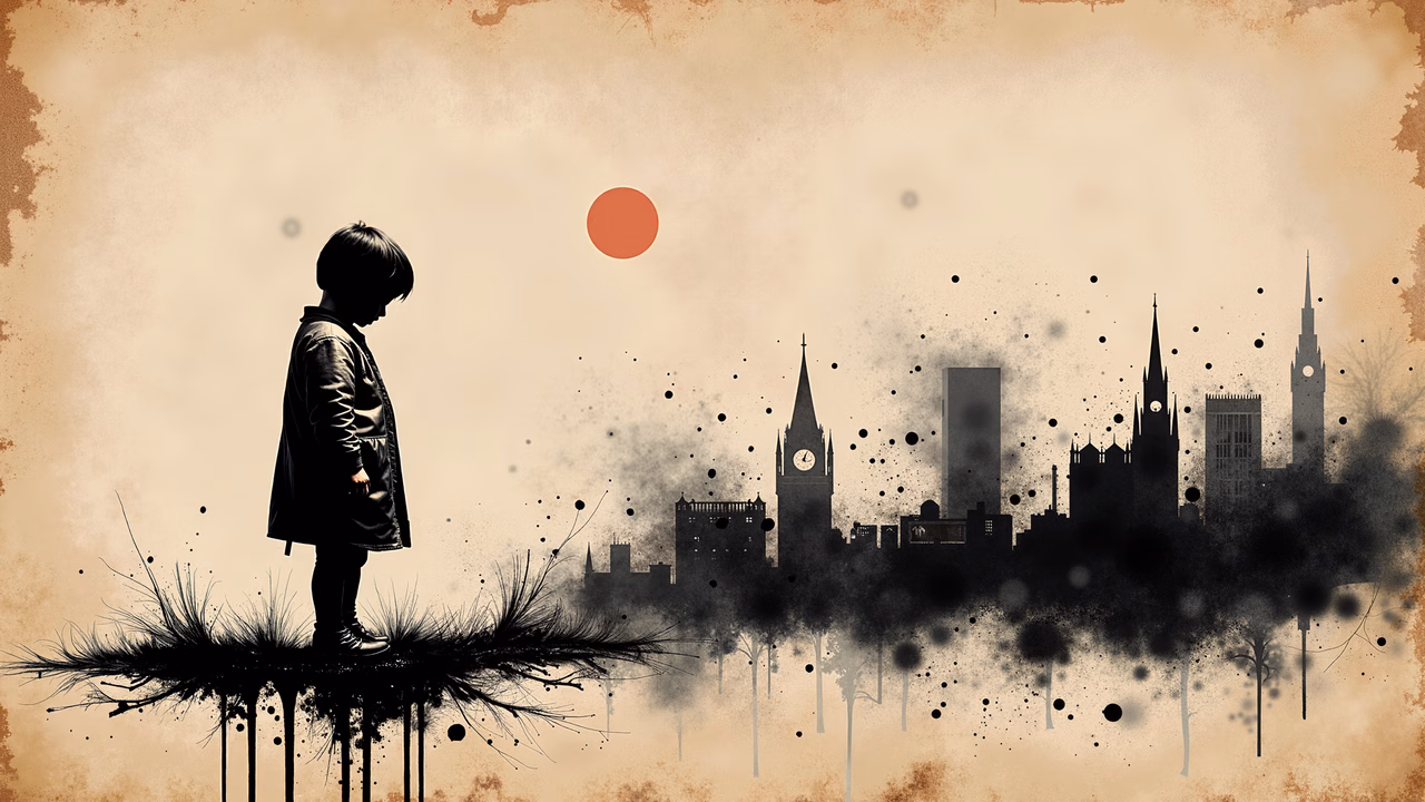 Silhouette of a child overlooking a cityscape in a somber, artistic illustration.