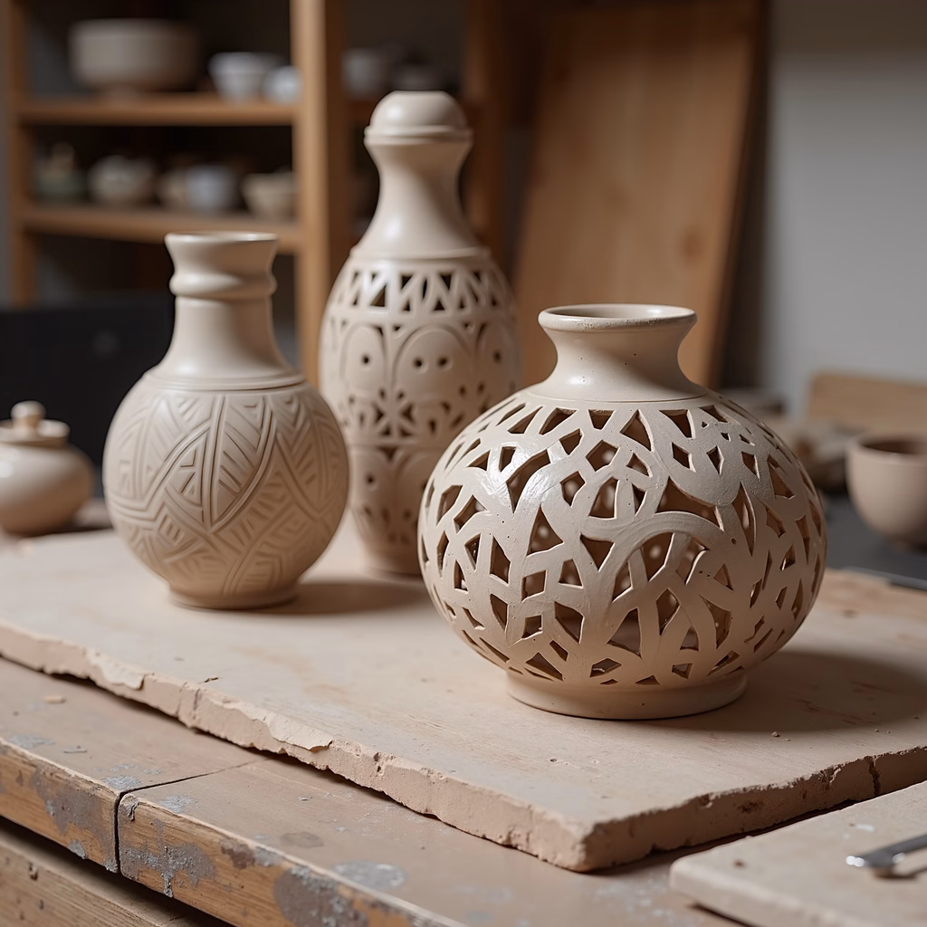 Intricate clay pots displayed on a rustic wooden surface, evoking tranquility and tradition.